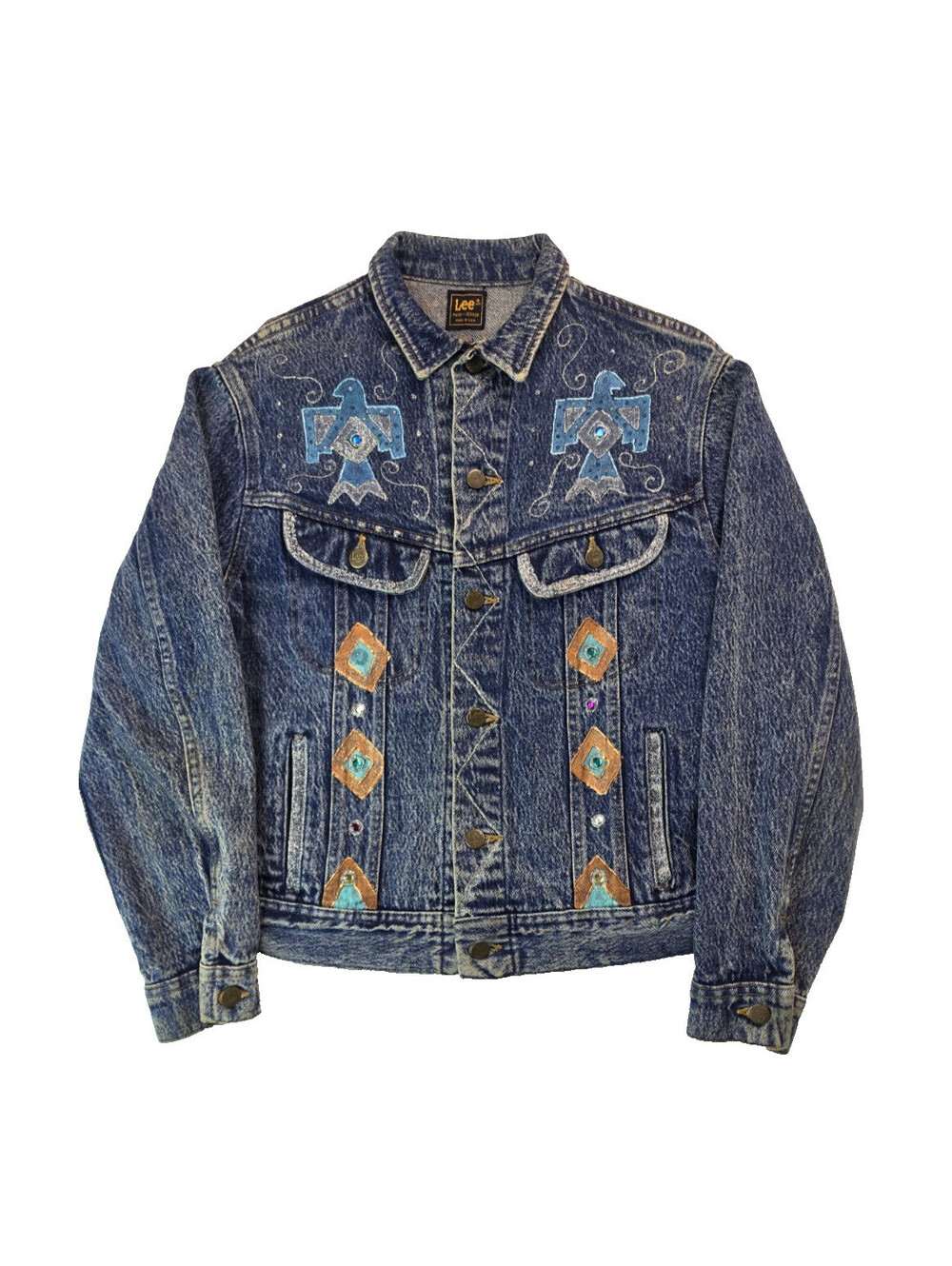 Lee Vintage 70s Hand Painted Aztec Eagle Indian Blue Denim Jacket Womens Small S
